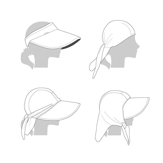 大きなツバと付属の日除け布を用いて4パターンのかぶり方ができます