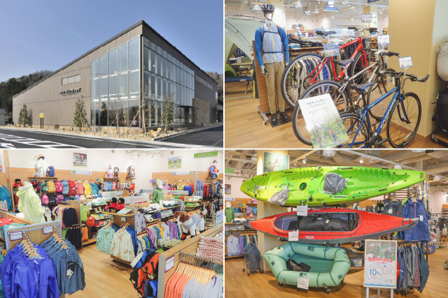 モンベルストア店内の商品陳列の画像 自転車やカヤックの販売もしています